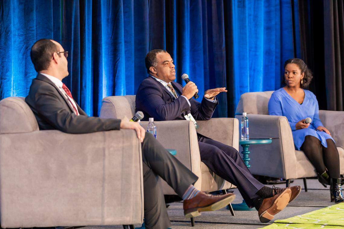 Jose Alvarez, of Prospera USA; Darrin Redus, of the Cincinnati Chamber’s Minority Business Accelerator; and Dee McDougal, of Pacific Western Bank, talk about inclusion in the entrepreneurial space at the NC IDEA Ecosystem Summit in Raleigh, N.C. on Nov. 19, 2019.