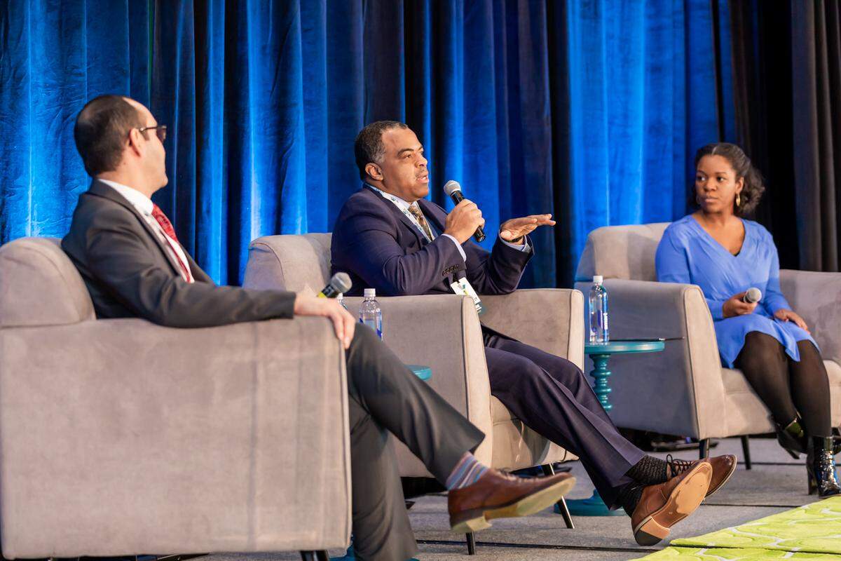 Jose Alvarez, of Prospera USA; Darrin Redus, of the Cincinnati Chamber’s Minority Business Accelerator; and Dee McDougal, of Pacific Western Bank, talk about inclusion in the entrepreneurial space at the NC IDEA Ecosystem Summit in Raleigh, N.C. on Nov. 19, 2019.