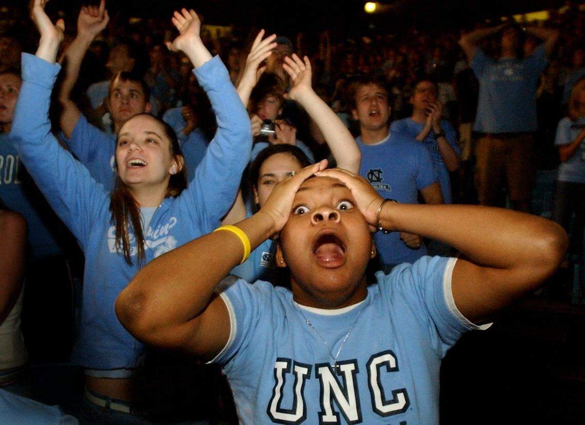 Fans  The Dean Smith Center in Chapel Hill Monday night, about 8,500 UNC fans, like Tiffany Waddell, a freshmen, can hardly believe their eyes as their team winsThe NCAA Basketball Championship Tournament against The University of Illinois 75-70.