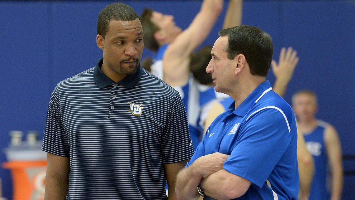 In March, Chris Carrawell, left, returned to Duke as an assistant coach under Mike Krzyzewski, right.
