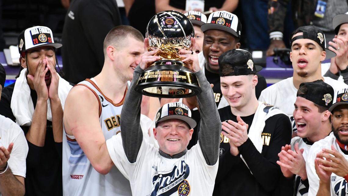 Michael Malone celebrates with the Western Conference Championship  after defeating the Los Angeles Lakers in game four of the Western Conference Finals at Crypto.com Arena on May 22, 2023. 
