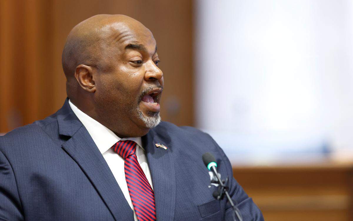 t. Gov. Mark Robinson speaks during a press conference at the Legislative Building in Raleigh, N.C., Thursday, Oct. 12, 2023.