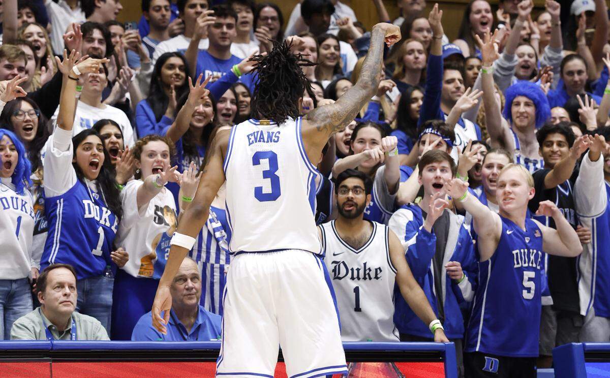 The Cameron Crazies celebrate after Isaiah Evans (3) hit a three-pointer during the second half of Duke’s 101-64 victory over Syracuse at Cameron Indoor Stadium in Durham, N.C., Monday, Feb. 16, 2026.