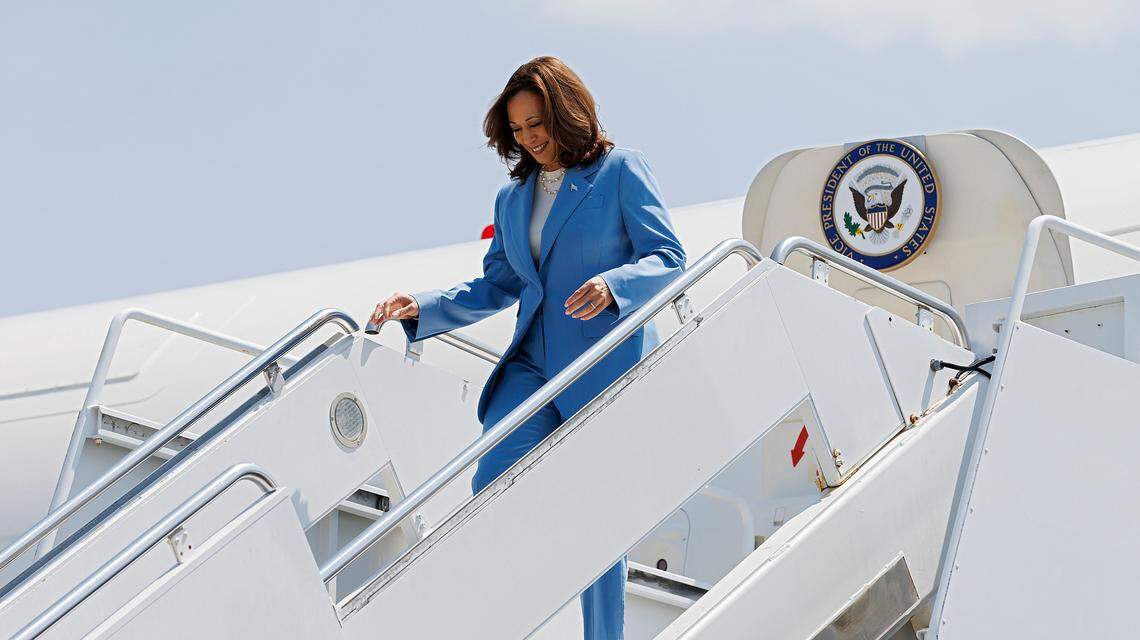 Vice President Kamala Harris arrives at RDU in advance of her major speech on economic policy to be delivered in Raleigh, N.C., Friday, August. 16, 2024.