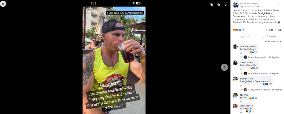 The Raleigh Police Department is investigating after an alleged screenshot shows a Raleigh police officer calling Juneteenth a “made up holiday.”