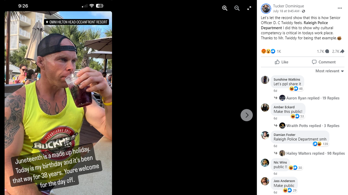 The Raleigh Police Department is investigating after an alleged screenshot shows a Raleigh police officer calling Juneteenth a “made up holiday.”
