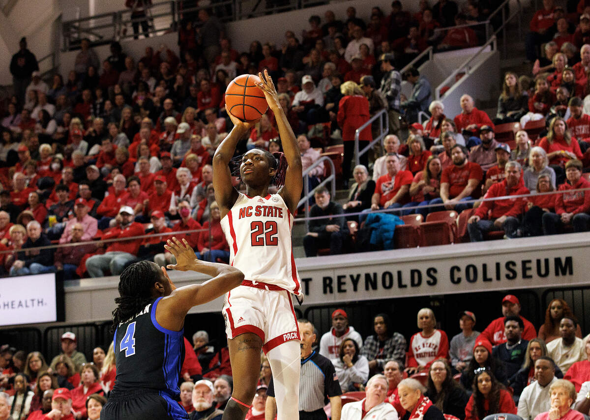N.C. State’s Saniya Rivers shoots over Duke’s Jadyn Donovan during the first half of the Wolfpack’s 72-57 win on Sunday, Jan. 21, 2024, at Reynolds Coliseum in Raleigh, N.C.