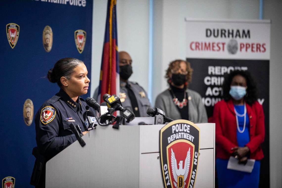 Durham Police Chief Patrice Andrews listens to a question during a press conference on Monday, Dec. 13, 2021 about a shooting that occurred on Mathison Street in Durham, N.C. that killed two young people and injured four others.