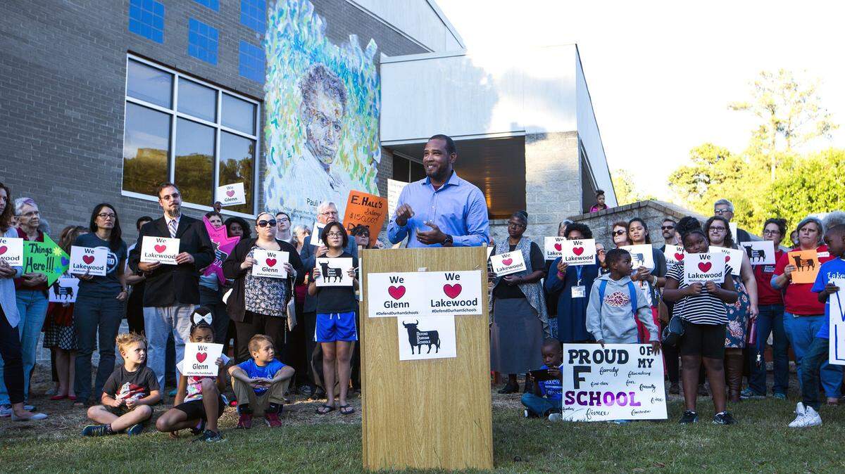 Mike Lee, Chair of Durham's Board of Education, spoke at an Oct. 3, 2017 event against a proposal to include Durham schools in the new Innovative School District. Southside Ashpole Elementary in Robeson County was eventually chosen instead. for the program where the state is taking over low-performing schools to be run by an outside company.