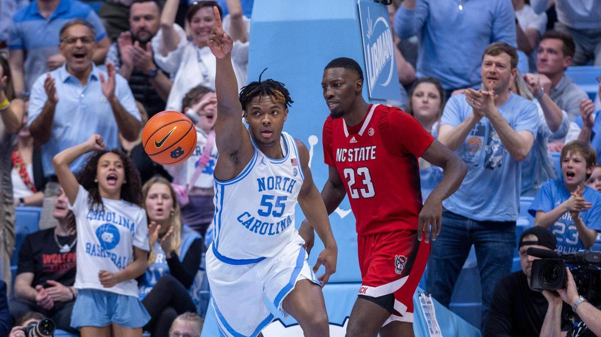 North Carolina’s Harrison Ingram (55) reacts after a basket to give the Tar Heels’ a 26-20 lead over N.C. State in the first half on Saturday, March 2, 2023 at the Smith Center in Chapel Hill, N.C.