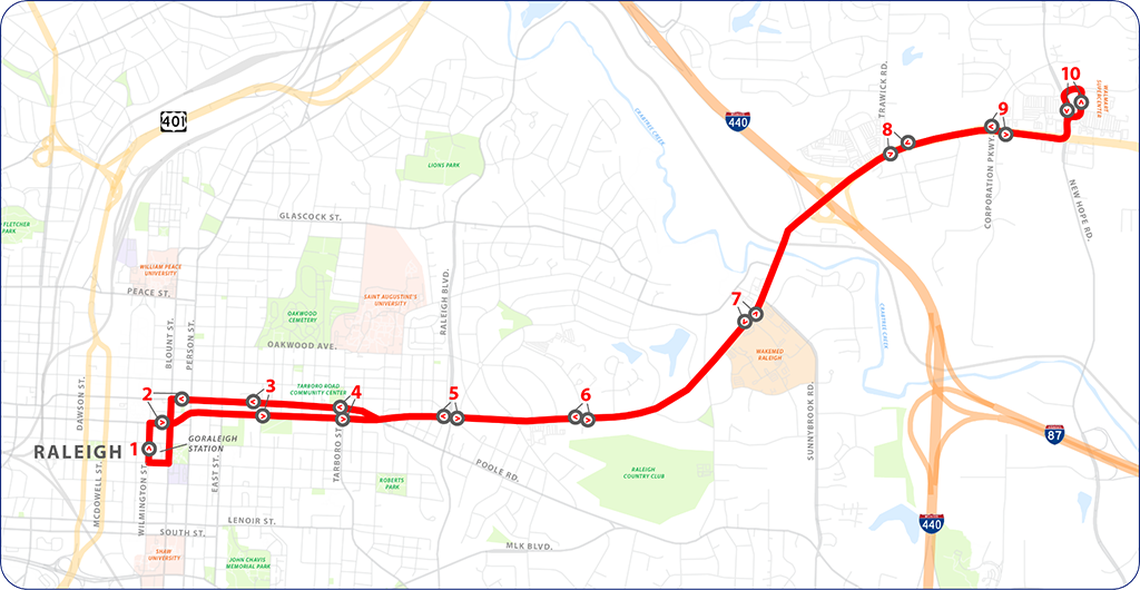 When it opens in late 2025, the New Bern Avenue bus rapid transit line will run about 5.4 miles between downtown Raleigh and a new park-and-ride lot off New Hope Road.