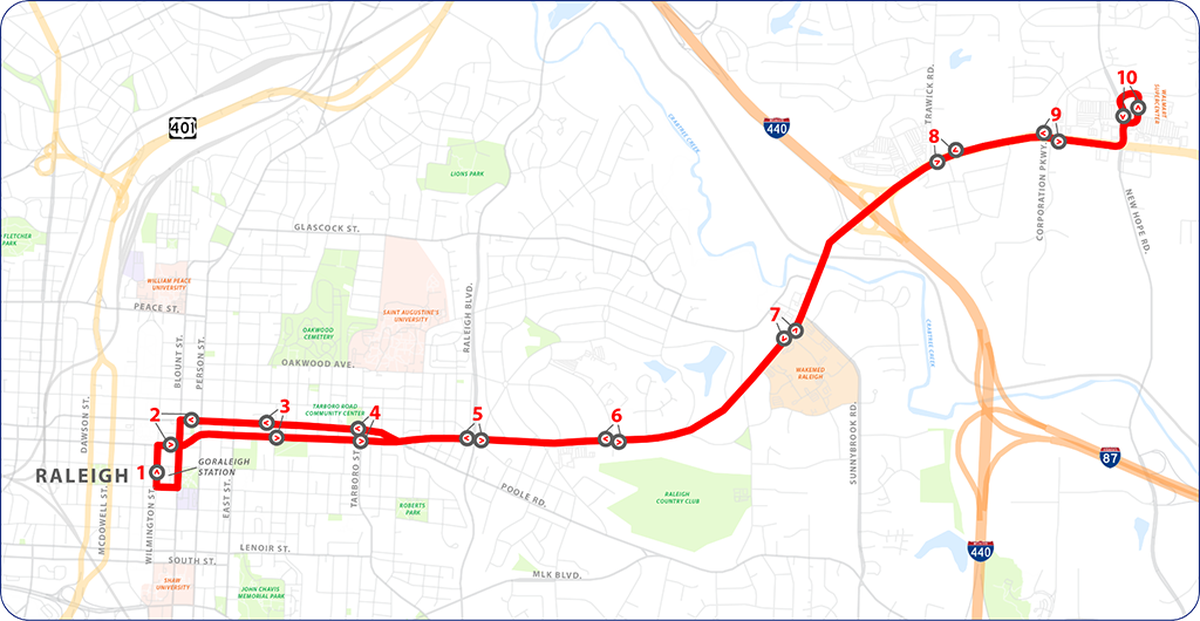When it opens in late 2028, the New Bern Avenue bus rapid transit line will run about 5.4 miles between downtown Raleigh and a new park-and-ride lot off New Hope Road.