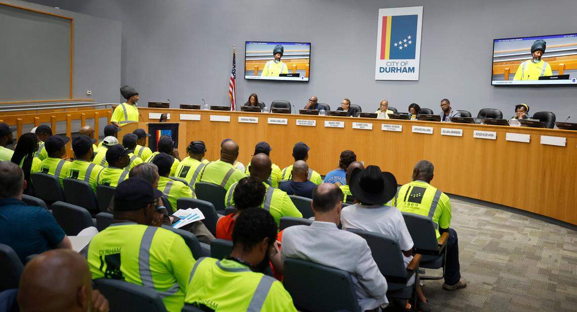 Sanitation worker Chris Benjamin speaks during a council work session at City Hall in Durham, N.C., Thursday, Sept. 7, 2023.