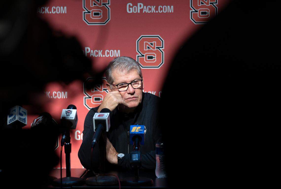 UConn head coach Geno Auriemma listens to questions from media following the Huskies’ 92-81 loss to N.C. State on Sunday, Nov. 12, 2023, at Reynolds Coliseum in Raleigh, N.C.