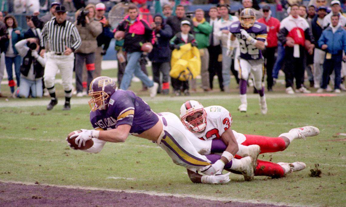 East Carolina’s Luke Fisher scores what would be the winning touch during the Pirates’ 37-34 victory over N.C. State in the 1992 Peach Bowl. ECU rallied to win after being down 34-17 with 8:41 left in the game.