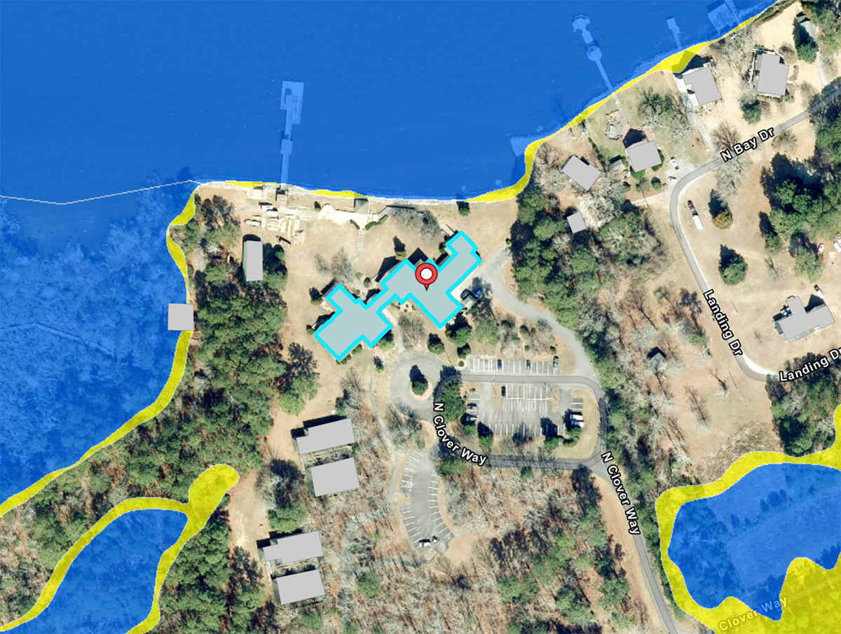 Eastern 4-H Center in Columbia, NC, a youth day and overnight summer camp, is located outside of a special flood hazard area but is close enough to have a high overall high risk of flooding.