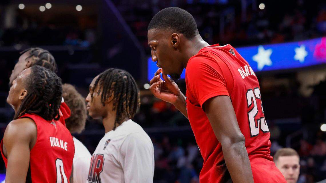 N.C. State’s Mohamed Diarra (23) eats during a timeout in the second half of N.C. State’s 83-65 victory over Syracuse in the second round of the 2024 ACC Men’s Basketball Tournament at Capital One Arena in Washington, D.C., Wednesday, March 13, 2024.