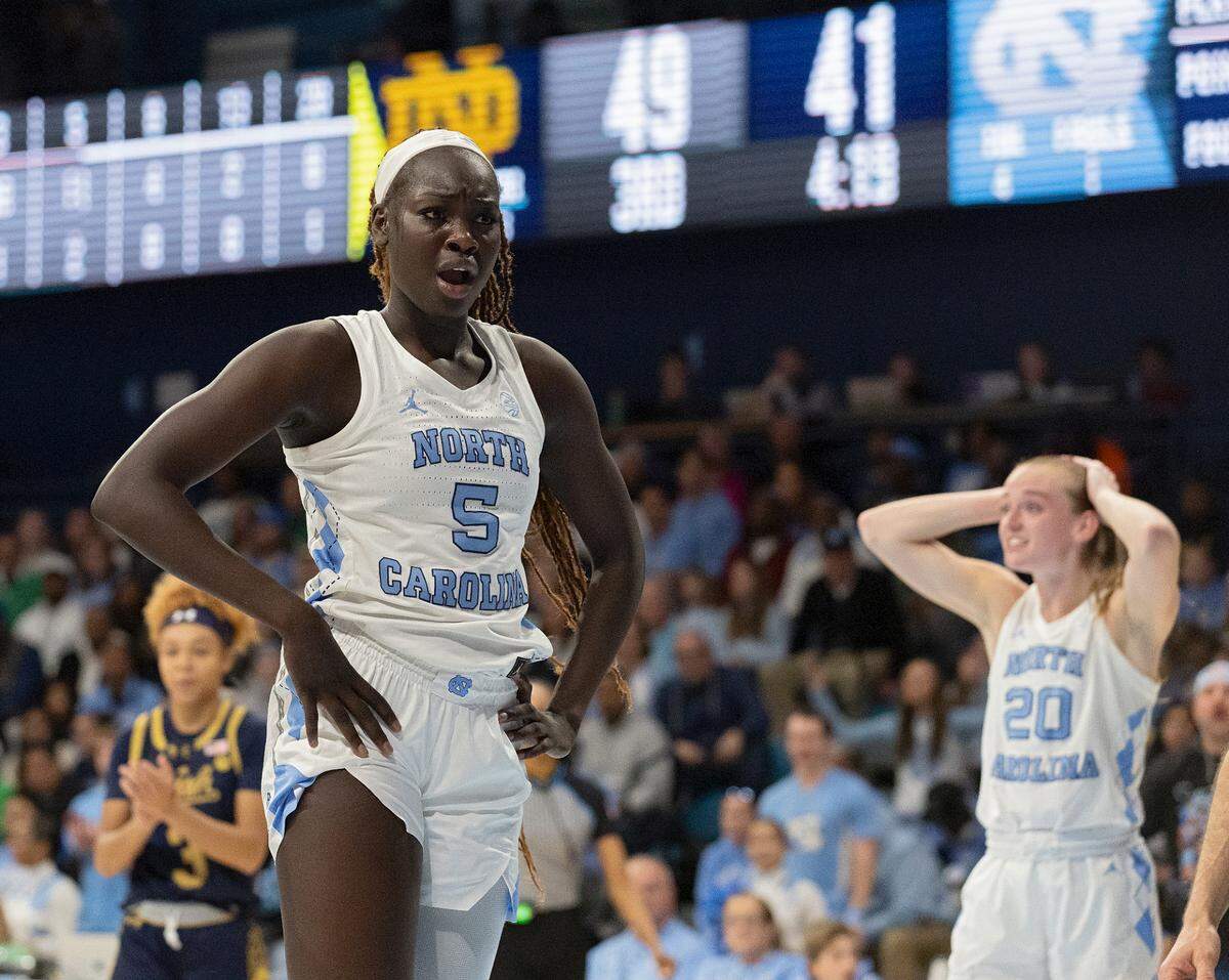 North Carolina’s Maria Gakdeng and Lexi Donarski react to a call during the second half of the Tar Heels’ 76-66 loss to Notre Dame on Sunday, Jan. 5, 2025, at Carmichael Arena in Chapel Hill, N.C.