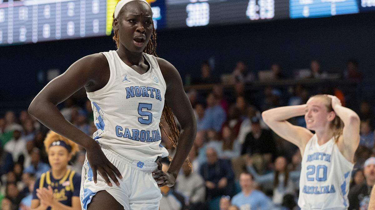 North Carolina’s Maria Gakdeng and Lexi Donarski react to a call during the second half of the Tar Heels’ game against Notre Dame on Sunday, Jan. 5, 2025, at Carmichael Arena in Chapel Hill, N.C. Gakdeng led the Tar Heels with a doubl;e-double in a road win at Syracuse on Thursday, Feb. 20, 2025.