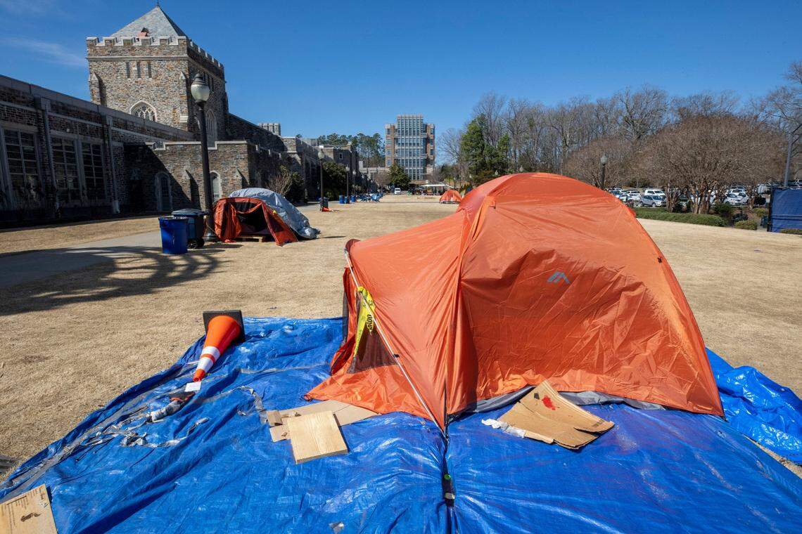 Krzyzewskiville on the Duke University campus is all but deserted on Wednesday, March 2, 2022, days before the annual North Carolina game at Cameron Indoor Stadium. In years past, a bustling tent city was the basis for student entry to the rivalry game. This year Duke moved to a tenting entry trivia test in late January to secure a tent site, along with a second trivia test given to determine ticket eligibility.