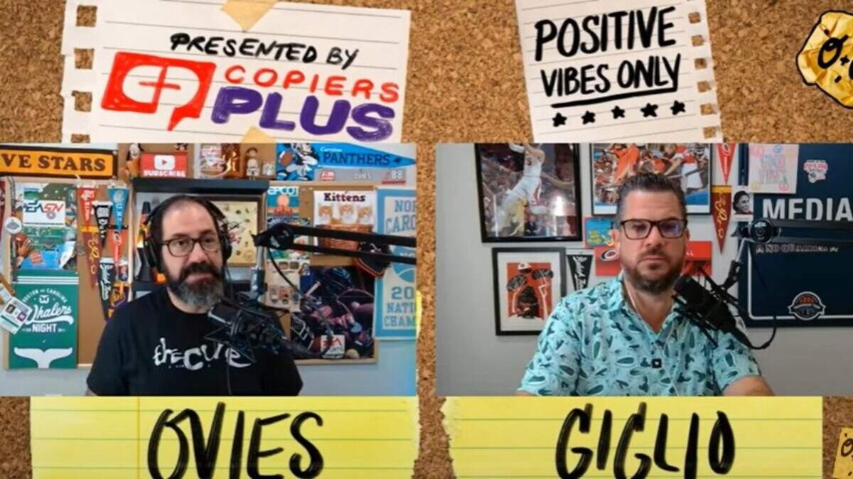 Joe Ovies, left, and Joe Giglio host the “Ovies + Giglio” sports talk show, available via podcast or YouTube.