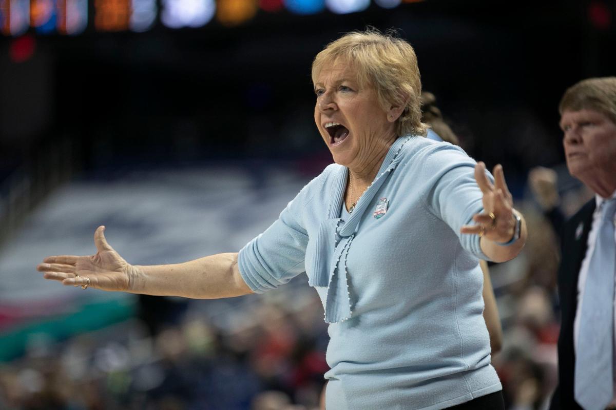 North Carolina coach Sylvia Hatchell directs her players during the first half against Notre Dame at the ACC Tournament on Friday, March 8, 2019 at the Greensboro Coliseum in Greensboro, N.C.