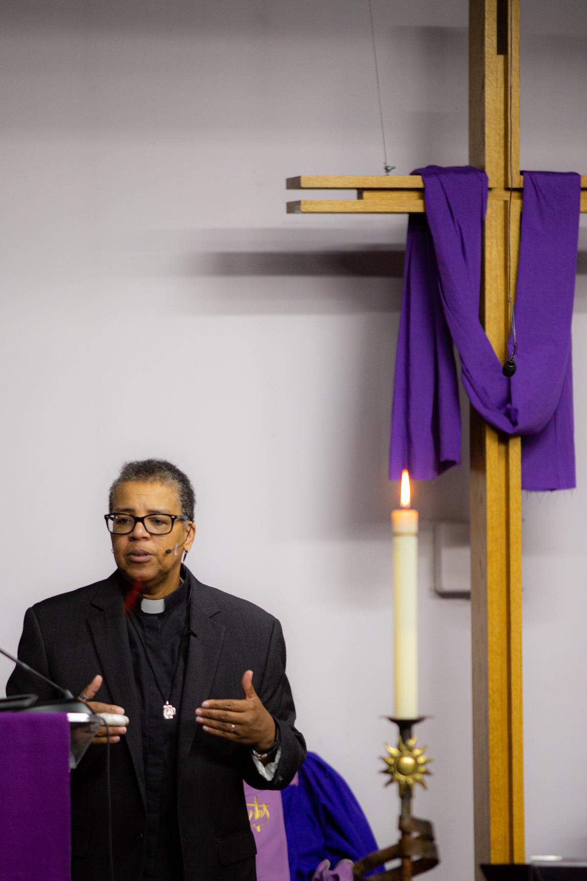 Pastor Wanda Floyd gives a sermon during a service on March 1, 2020 at St. John’s Metropolitan Community Church in Raleigh.
