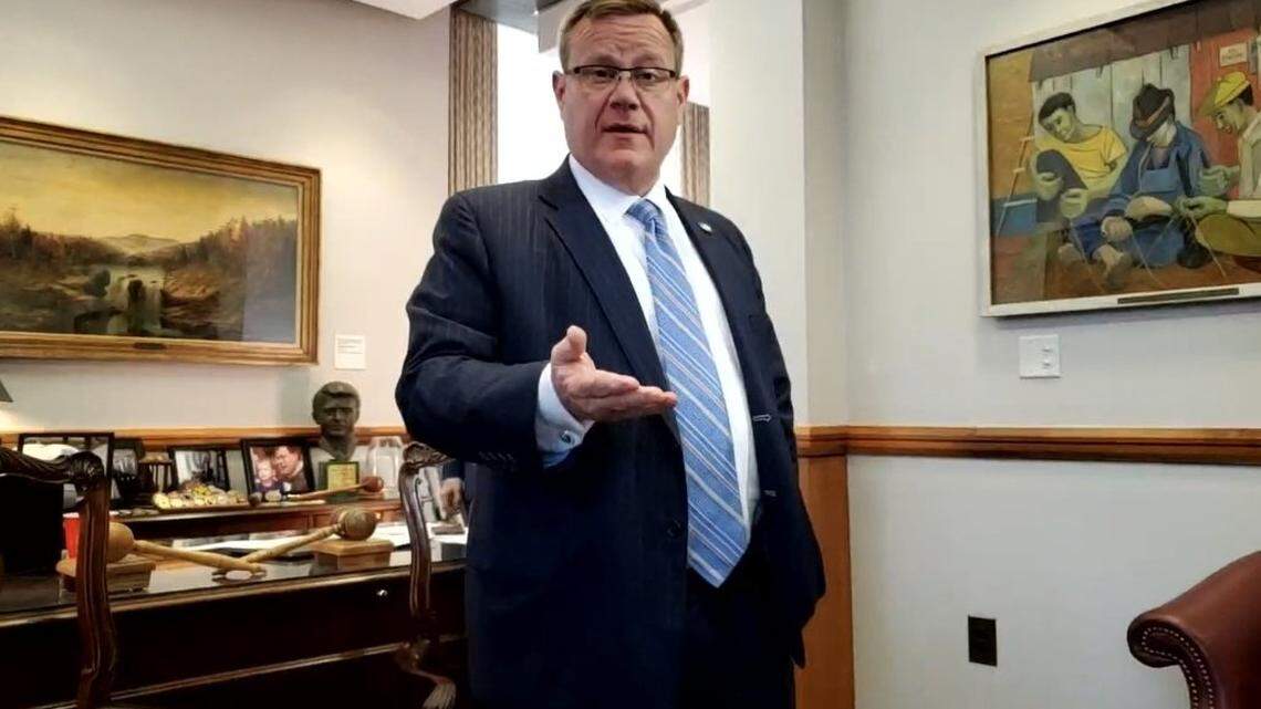 North Carolina House Speaker Tim Moore talks with reporters about a House Medicaid expansion bill in his legislative office on Wednesday evening, June 22, 2022.