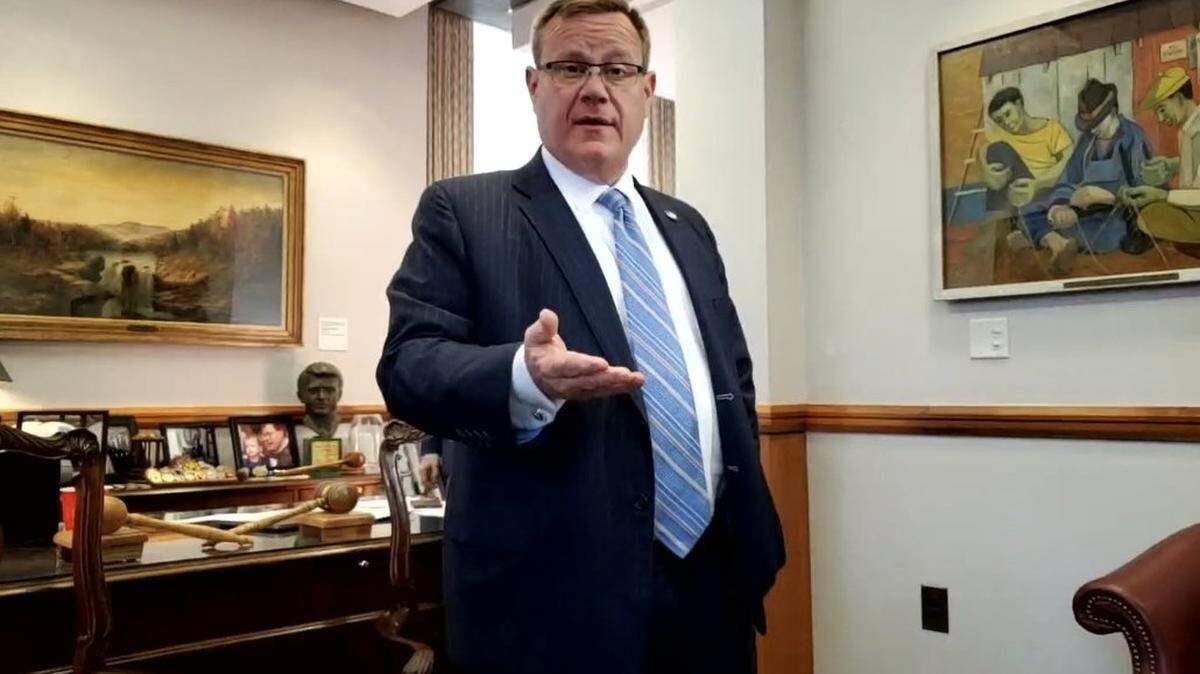 North Carolina House Speaker Tim Moore talks with reporters about a House Medicaid expansion bill in his legislative office on Wednesday evening, June 22, 2022.