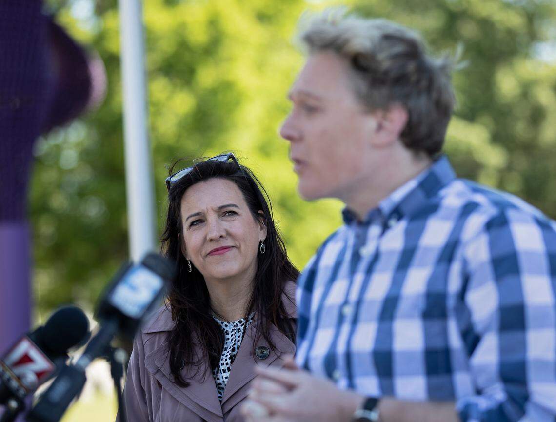 Ashley Ward and Clay Aiken, both Democratic candidates for North Carolina’s 4th Congressional District, address members of the media during a press conference on Wednesday, May 11, 2022, in Durham, N.C.