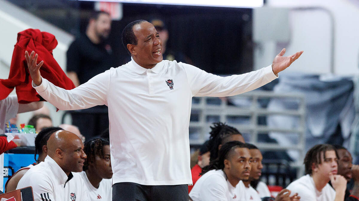 N.C. State head coach Kevin Keatts reacts to a call during the first half of the Wolfpack’s 65-62 loss to California on Saturday, Jan. 18, 2025, at Lenovo Center in Raleigh, N.C.