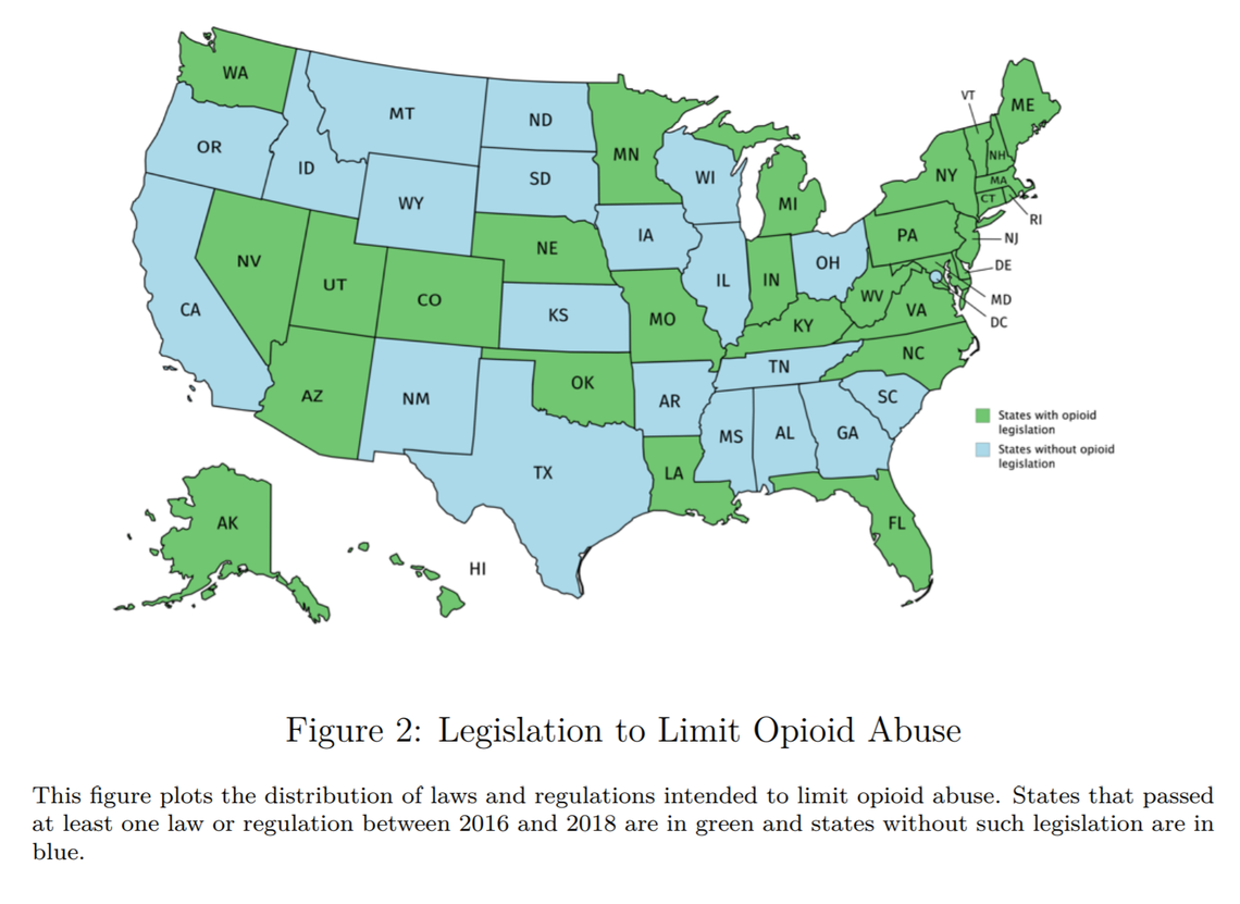A map showing which states have passed legislation to limit the prescription of opioids.
