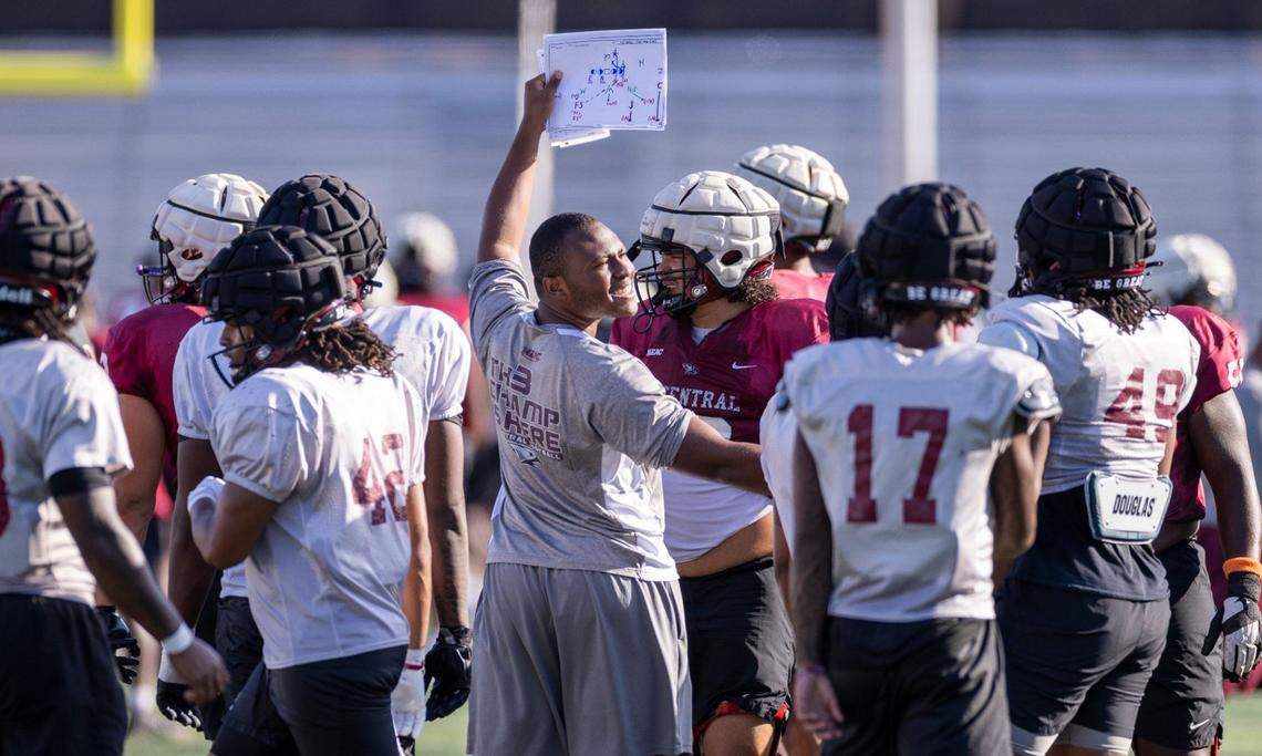 NC Central’s football team practices at O’Kelly-Riddick Stadium on Thursday, Sept. 5,,2024.