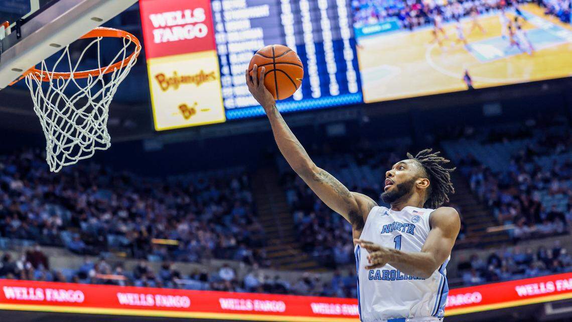 UNC’s Leaky Black (1) drives for a basket against Georgia Tech during the first half Saturday, Jan. 15, 2022 at the Smith Center in Chapel Hill, N.C.