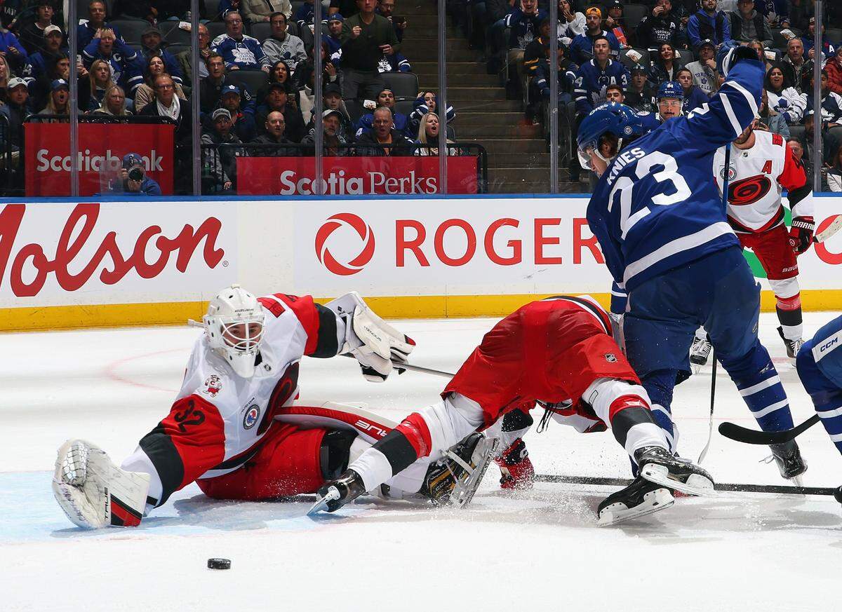 Goaltender Brandon Bussi of the Carolina Hurricanes plays against the Toronto Maple Leafs during the second period at Scotiabank Arena on Nov. 9, 2025 in Toronto, Ontario, Canada.