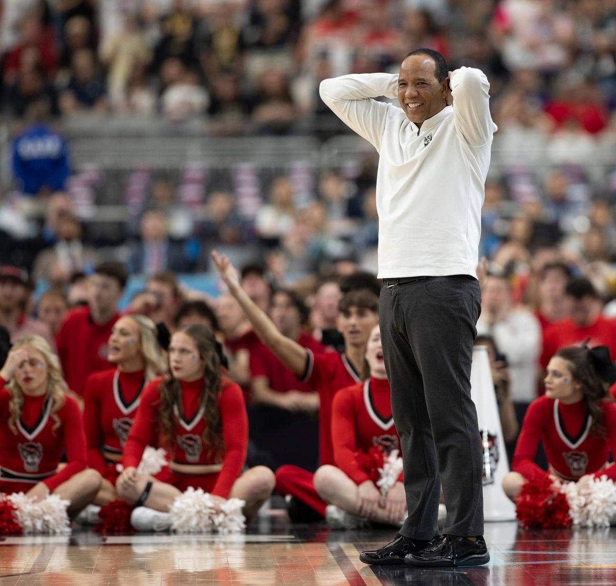N.C. State coach Kevin Keatts reacts to a foul against his team in the first half against Purdue in the NCAA Final Four National Semifinal game on Saturday, April 6, 2024 at State Farm Stadium in Glendale, AZ.