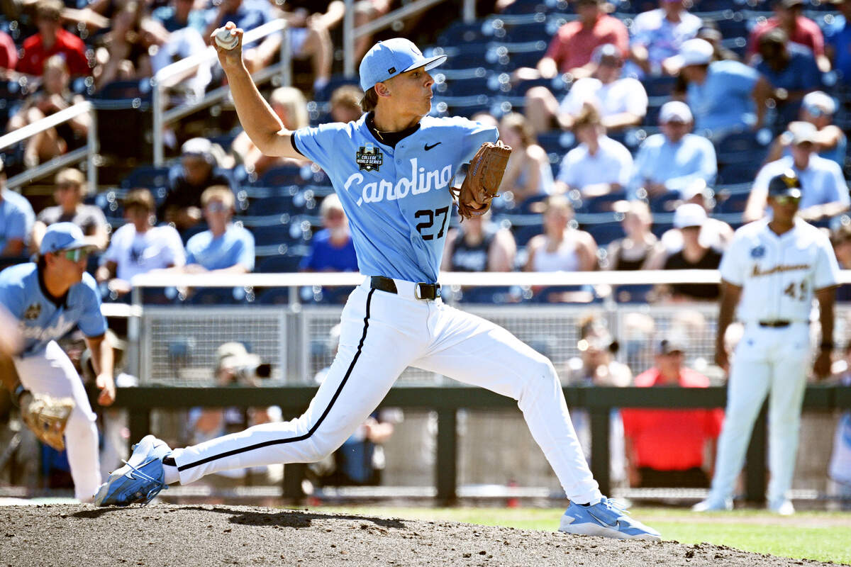 North Carolina Tar Heels pitcher Caden Glauber (27) throws against the West Virginia Mountaineers during the seventh inning at Charles Schwab Field.