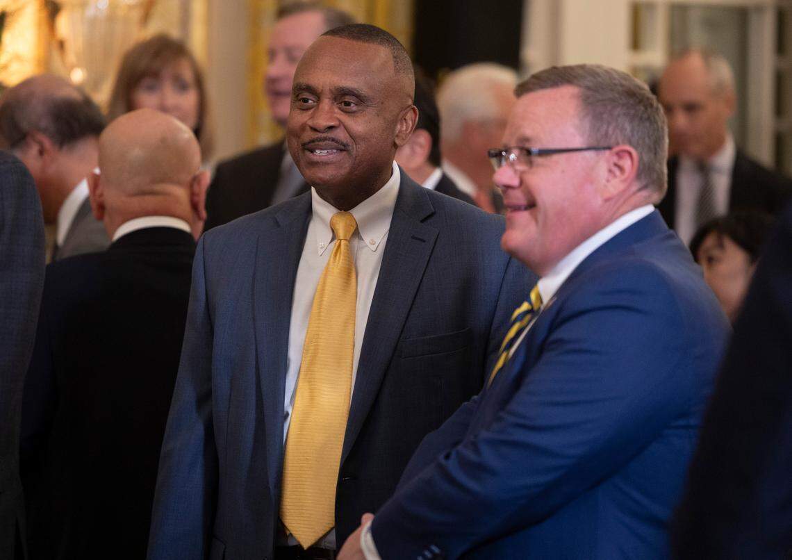 North Carolina House Democratic leader Robert Reives II talks with House Speaker Tim Moore prior to a luncheon in honor of Japanese Prime Minister Fumio Kishida on Friday, April 12, 2024 at the Executive Mansion in Raleigh, N.C.