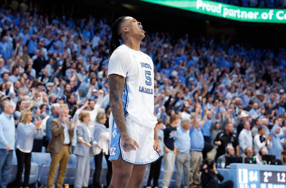 North Carolina’s Armando Bacot (5) screams as time runs out in the game UNC’s 93-84 victory over Duke at the Smith Center in Chapel Hill, N.C., Saturday, Feb. 3, 2024.
