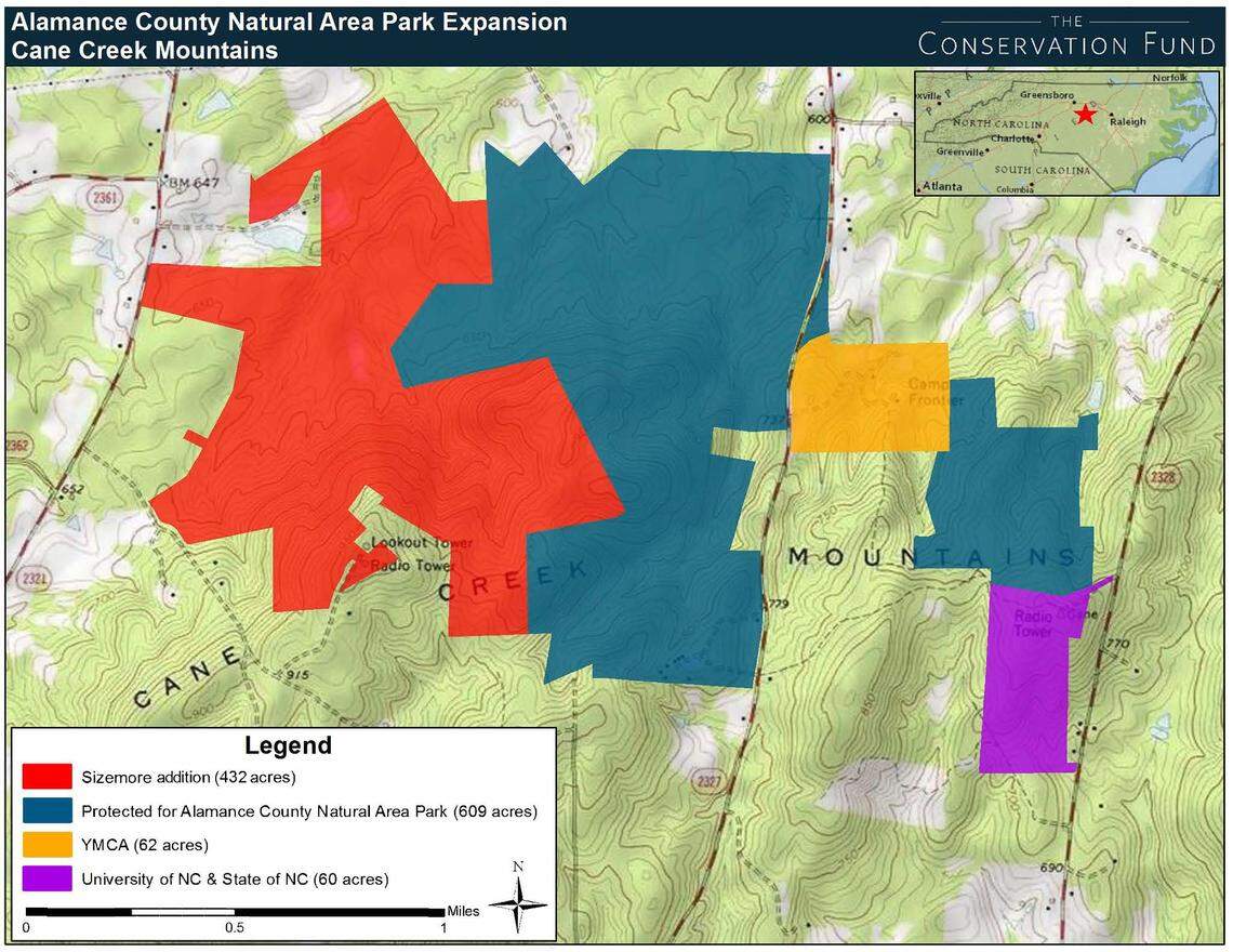 The Sizemore tract, in red, combined with the existing county land in blue will being the Cane Creek Mountains Natural Area in Alamance County to more than 1,000 acres.