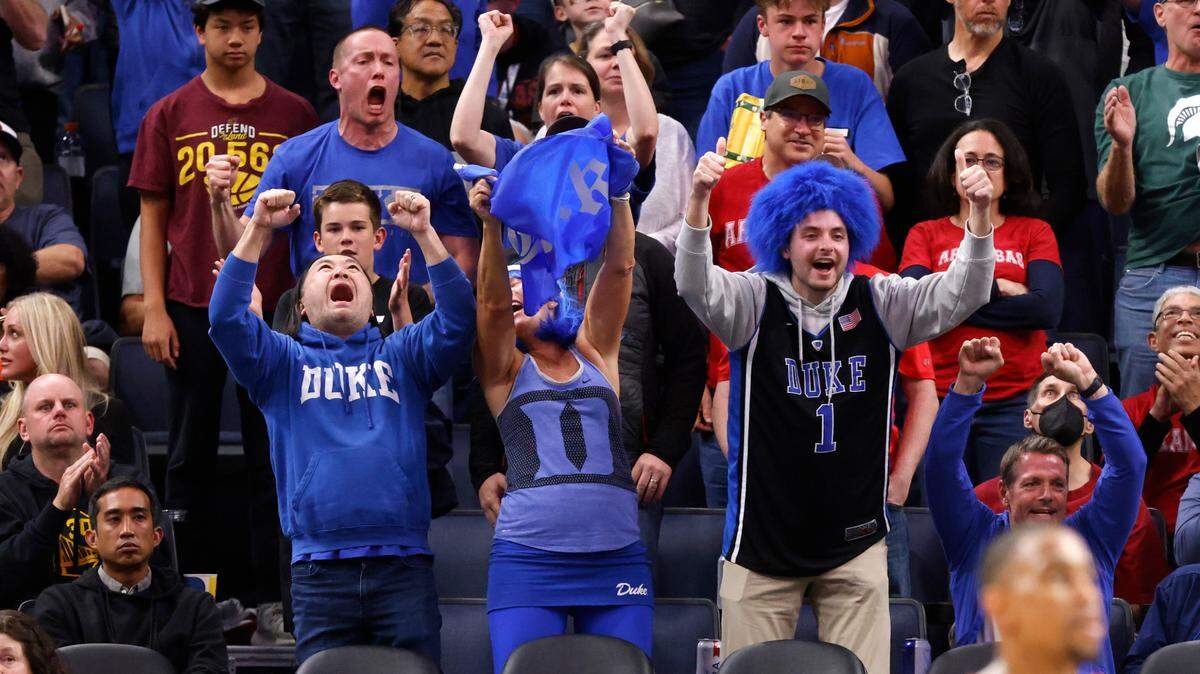Blue Devils fans cheer on the team during the second half of Duke’s 78-73 victory over Texas Tech in the Sweet 16 round of the NCAA Tournament at the Chase Center in San Francisco, Calif., Thursday, March 24, 2022.