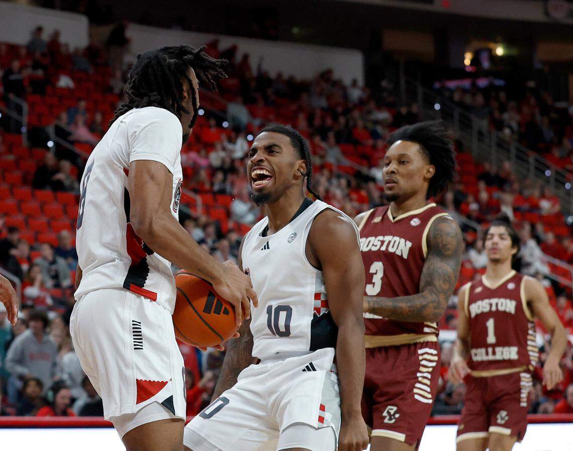N.C. State’s Marcus Hill (10) reacts following a Jayden Taylor basket during the first half of the Wolfpack’s 70-62 win over Boston College on Saturday, Feb. 15, 2025, at Lenovo Center in Raleigh, N.C.