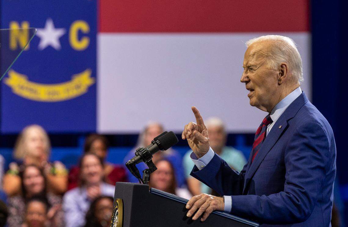 President Joe Biden touts a $3 billion federal program to help water utilities nationwide find and replace lead service lines during remarks at the Wilmington Convention Center on Thursday, May 2, 2024.