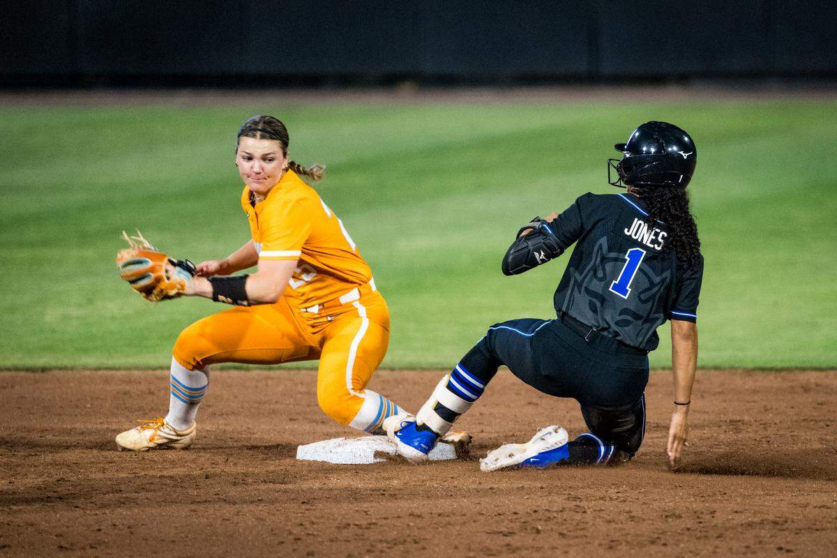Duke infielder Tyrina Jones (1) slides into second base during the Blue Devils’ 6-3 win over Tennessee on April 15 at Smith Family Stadium.