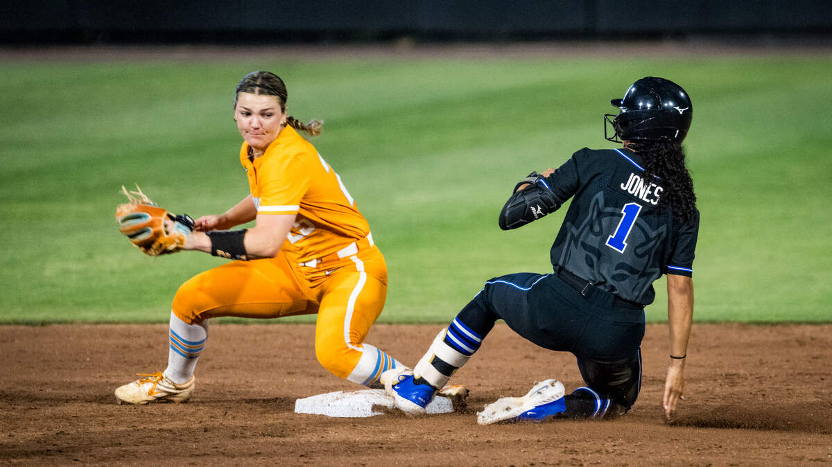 Duke infielder Tyrina Jones (1) slides into second base during the Blue Devils’ 6-3 win over Tennessee on April 15 at Smith Family Stadium.