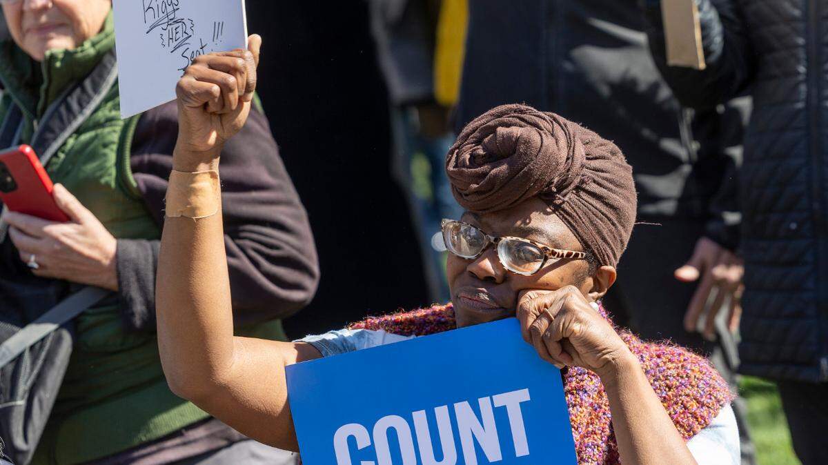 Hundreds of demonstrators rally at the North Carolina State Capitol on Monday, Feb. 17, 2025. The rally, organized by Common Cause, protested Republican state Supreme Court candidate Jefferson Griffin’s challenge of 65,000 ballots in November’s election. He trails Democratic incumbent Allison Riggs.