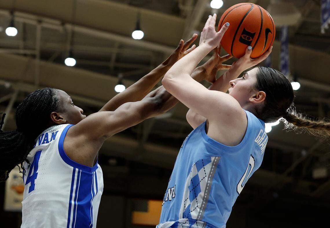 Duke’s Jadyn Donovan pressures North Carolina’s Lanie Grant during the first half of the Blue Devils’ 68-53 win on Thursday, Feb. 27, 2025, at Cameron Indoor Stadium in Durham, N.C.