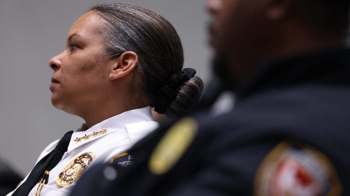 Durham Police Chief Patrice Andrews listens as Durham Mayor Elaine O’Neal delivers her ‘State of the City Address’ on Monday, April 18, 2022.