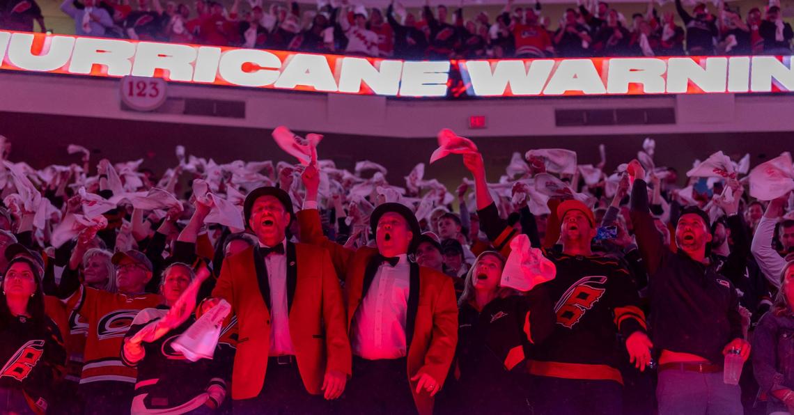 Carolina Hurricanes fans welcome the team to the ice for their game against the Washington Capitols on Saturday, May 10, 2025 at Lenovo Center in Raleigh, N.C.
