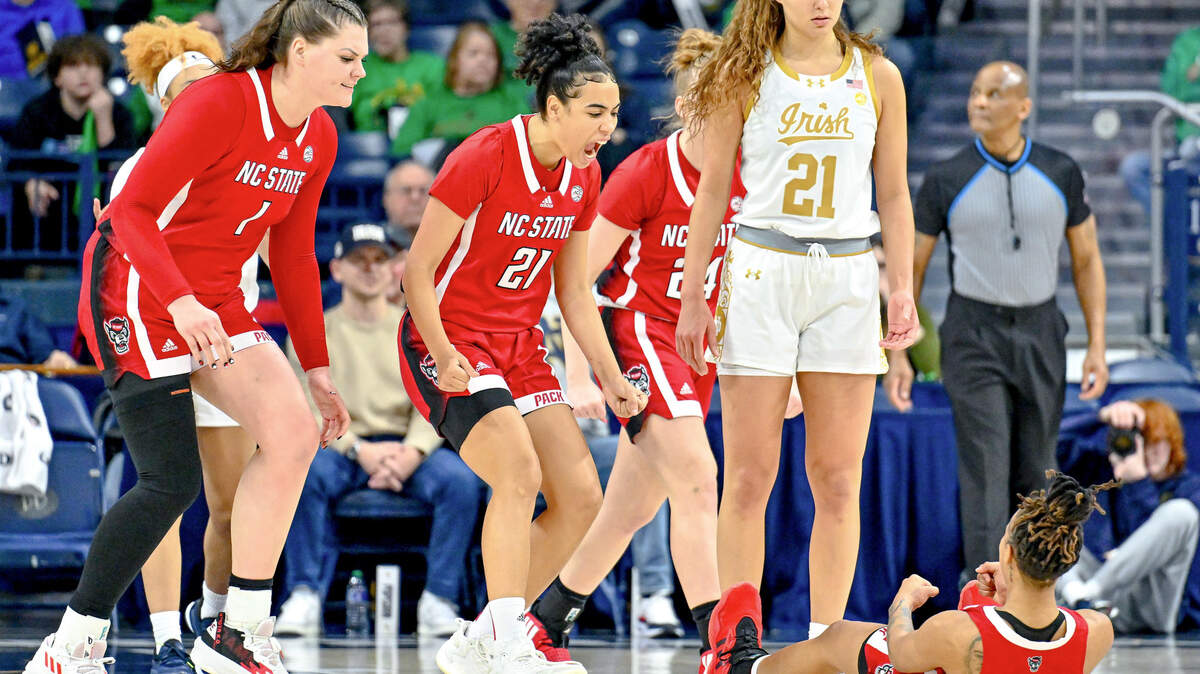 North Carolina State Wolfpack guard Aziaha James (10) reacts with her teammates after being fouled by Notre Dame Fighting Irish forward Maddy Westbeld (21) in the first half at the Purcell Pavilion.